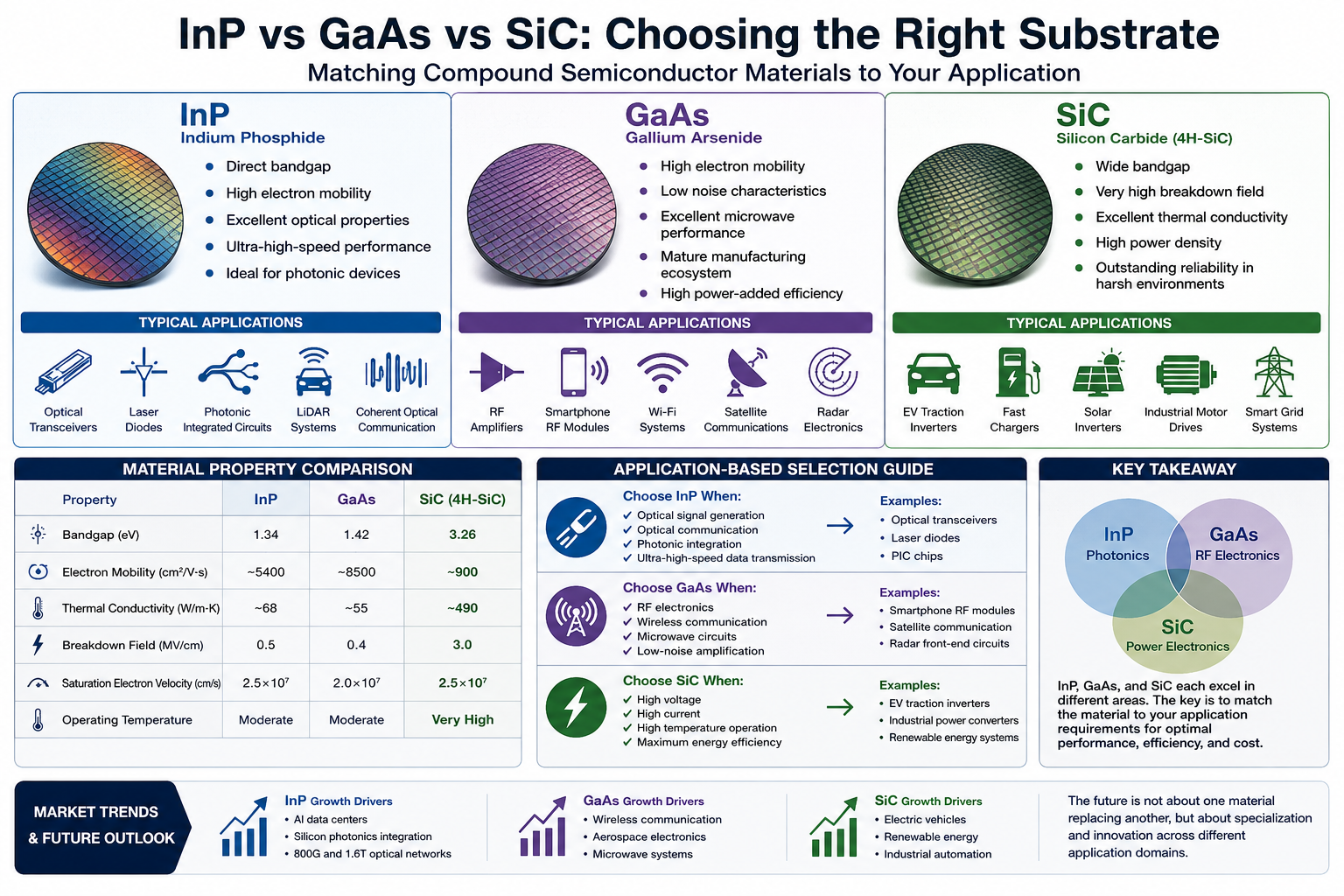 Últimos blogs da empresa sobre InP vs GaAs vs SiC: Como escolher o substrato de semicondutor certo?